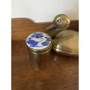 Vintage Brass Tobacco Jar Blue White Floral Porcelain Lid Trinket Jar